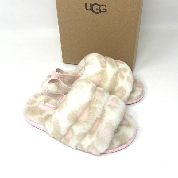 UGG Kids Size 11T 1123641T WHT FLUFF YEAH SLIDE PANTHER PRINT Sandal White Beige - Picture 5 of 9